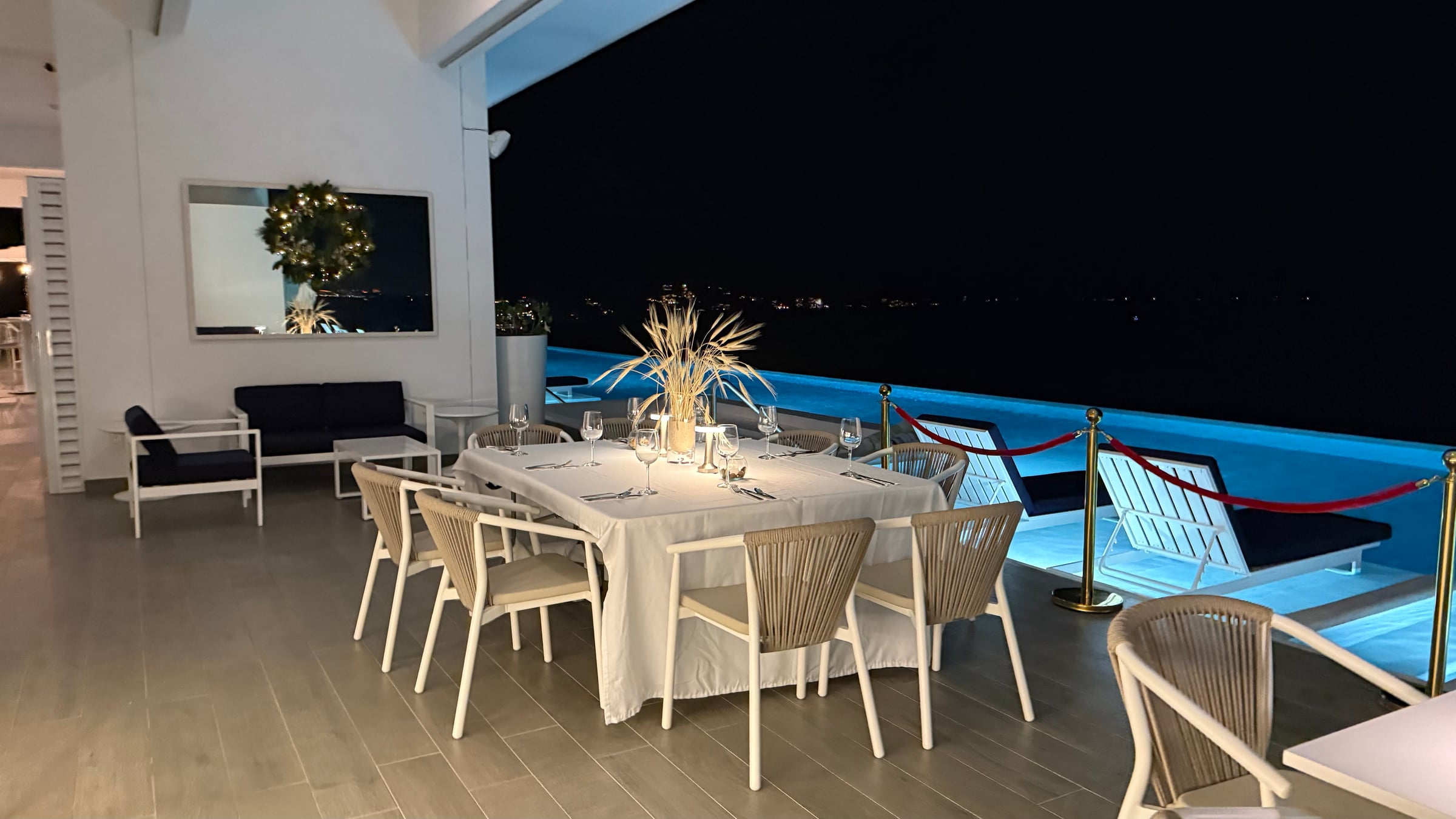 The rooftop dining setup at Bloom at Orchid in the evening